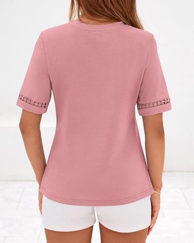 BTFBM Womens Summer Tops Lace Short Sleeve Shirts 2026 Spring Casual Loose Crew Neck Cotton Knit Cute Business Blouses(Pink, Large) - Thumbnail 3