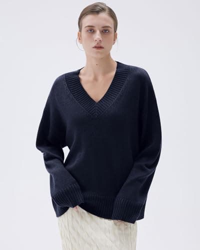 SUUKSESS Women Cashmere Oversized Sweaters V Neck Pullover Tops Fall Winter Long Sleeve Jumpers (Navy Blue,L) - Thumbnail 5