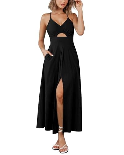 BTFBM Women 2026 Spaghetti Strap Midi Summer Dresses Sleeveless V Neck Cutout Slit Casual Beach Party Maxi Dress Pockets(Black, Large) - Image 1