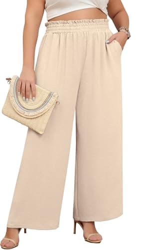 Lastshe Women Plus Size High Waist Wide Leg Pants Casual Paper Bag Outfits Flowy Trousers Beach Lounge Pants with Pockets,Nude,3X - Image 1