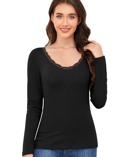 Ganado Long Sleeve Shirts for Women Lace V Neck Thermal Shirt Fitted Basic Tops Plain Layering Undershirts (Black, Small) - Image 1