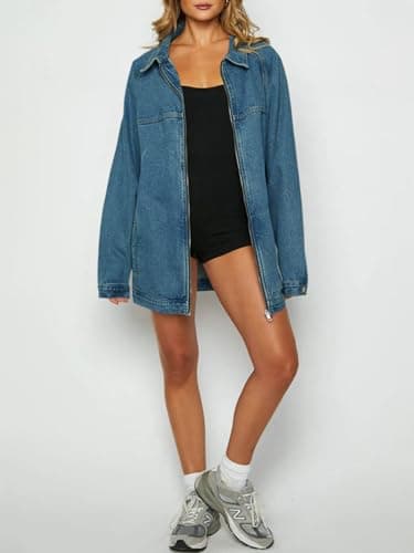 Tankaneo Womens Oversized Denim Jackets Casual Zip up Spring Long Sleeve Jean Jacket with Pocket - Thumbnail 5