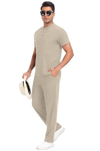 PrinStory Men's Short Sleeve Outfits Waffle Knit Henley Shirt and Pants Set Casual 2 Pieces Summer Tracksuits with Pockets Oatmeal-2XL - Thumbnail 3