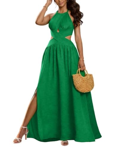 ABKY Women's Sexy Sleeveless Halter Neck Dress Criss Cross Tie Back Split Maxi Dresses Summer Beach Vacation Dress Green XL - Image 1