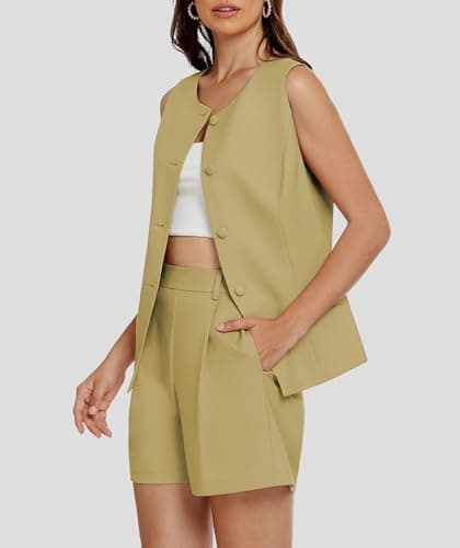 Casly Lamiit Two Piece Short Sets for Women 2025 Summer Sleeveless Work Waistcoat Dressy Casual Outfits Matching Professional Casual Suit Mustard Yellow XL - Thumbnail 2