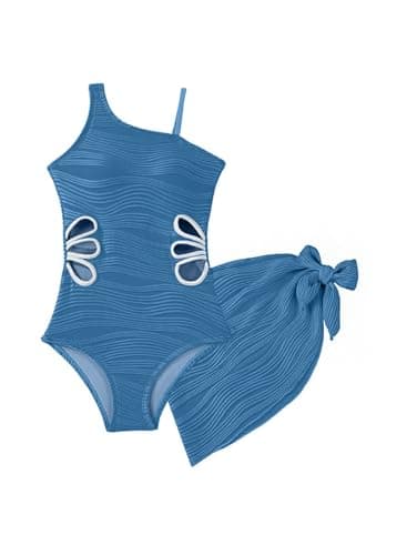 blibean Girls Swimsuit Size 14 15 16 Blue Teen One Piece Bathing Suit with Cover Up Skirt Big Kids Adjustable Strap Swimwear Tween Cute Texture Traje Baño Niñas Padded Cutout Swimming Suit - Image 1