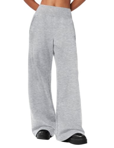 HeSaYep Women's Wide Leg Sweatpants Ribbed Baggy High Waist Sweat Pants Cotton Athletic Lounge Straight Leg Pants with 4 Pockets Grey XS - Image 1
