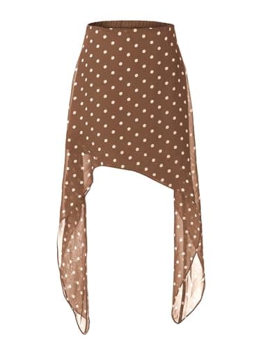 EXLURA Women Summer Boho Skirts Polka Dot Asymmetrical Midi Skirt Y2K Elastic Waist Flowy Skirts Beach Vacation Cover Ups Brown - Image 1