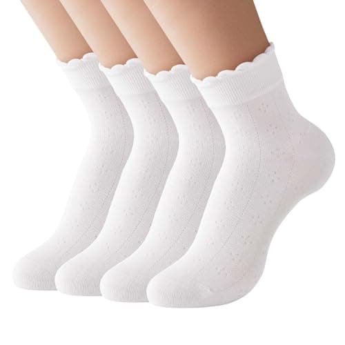 Vinacimos 4 Pairs Ruffle Socks for Womens, White Ankle Socks with Elastic Frilly Cuff, Soft Cotton Socks, Lettuce Edge Socks, Size 5-11 - Image 1