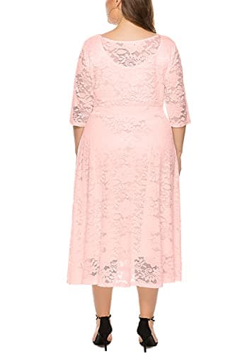 Eternatastic Womens Scooped Neckline Floral lace Top Plus Size Cocktail Party Midi Dress 6XL Pink - Thumbnail 3