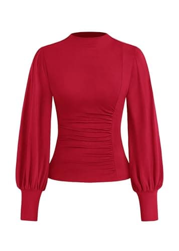 KIRUNDO Blouses for Women Dressy Casual 2026 Spring Tops Fall Puff Long Sleeve Shirts Fitted Mock Neck Ruched Trendy Tops(Red, X-Small) - Image 1