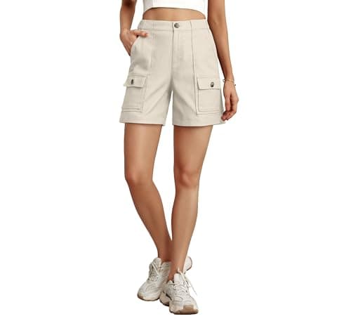 Lepunuo Cargo Shorts for Women Baggy Casual Elastic Waist Shorts Relaxed Fit Stretch Cargo Shorts with 6 Pockets Apricot - Image 1