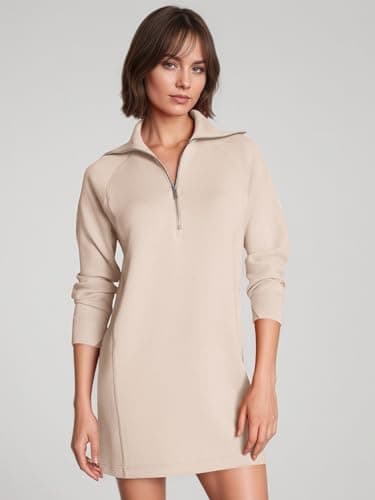 COCOMARTS Womens Long Sleeve Sweatshirt Dress Crewneck Quarter Zip Mini Dresses with Pocket 2025 Fall Winter Fashion Clothes Apricot Small - Thumbnail 2