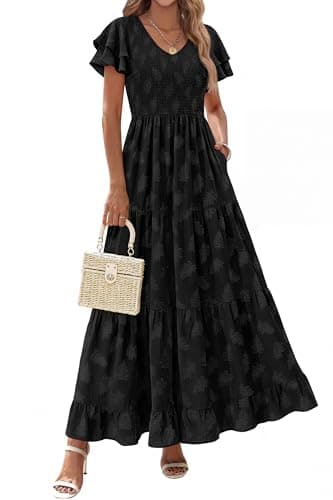 dowerme Maxi Dresses for Women 2026 Summer Ruffle Sleeve V Neck Smocked A Line Floral Boho Tiered Sundress Spring Outfit(Black,XX-Large) - Image 1