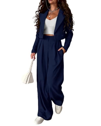 KIRUNDO Womens Blazers for Work Casual Long Sleeve Cropped Blazer Pleated Wide Leg Pants Sets 2 Piece Outfits Spring Fall Fashion Teacher Clothes(Navy, Small) - Image 1
