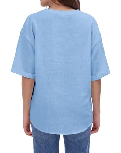 SEMARO Womens Button Down Shirts Short Sleeve V Neck Button Up Blouses Summer Cotton Linen Casual Tops Sky Blue - Thumbnail 4