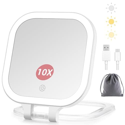 DESCHEN Travel Makeup Mirror with Lights, Rechargeable 1X/10X Magnifying Vanity Mirror, Portable Lighted Makeup Mirror with Magnification & 3 Color Light, Dimmable Touch Screen, Folding LED Mirror 7" - Image 1