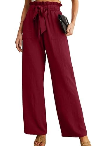 HiMONE Petite Wide Leg Pants for Women High Waisted Paperbag Waist with Tie Belt Elastic Pull On Ankle Length Casual Dressy Trousers with Pockets Wine Red - Image 1