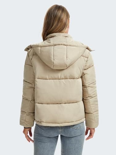 Funlingo Womens Cropped Puffer Jacket with Hood Winter Warm Zip Up Ladies Quilted Coat Fashion 2025 Puffy Outerwear with Pockets Khaki XL - Thumbnail 6