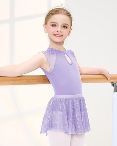 JiAmy Girls Ballet Leotards Cutout Back Dance Outfit Toddler Lace Dress Combo with Removable Skirt Purple 4-5 Years - Thumbnail 6