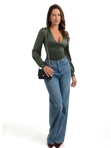 PINKMSTYLE Womens Sexy Silk Plunge V Neck Bodysuit Puff Satin Long Sleeve Blouse Going Out Outfit Army Green Small - Thumbnail 5