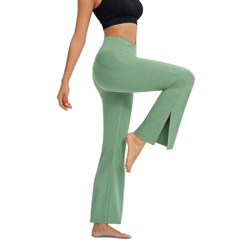 AMLEER Women's V Waist Side Split Wide Leg Yoga Leggings - High Waisted Crossover Stretchy Workout Flare Yoga Pants（Grass Green, Large - Thumbnail 2