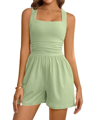 LOOKBOHO Women's Rompers Summer Casual Square Neck Sleeveless Sexy Shorts Workout Jumpsuit 2026 One Piece Outfits Gteen M - Image 1