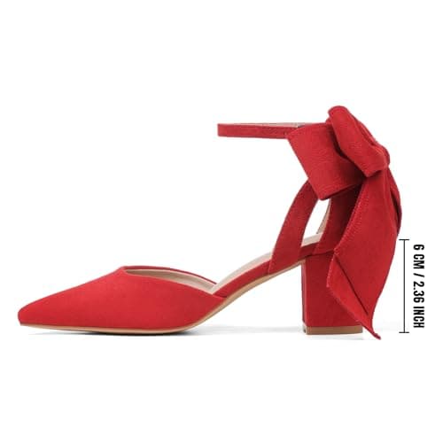 Yremael Women's Red Pointed Toe Pumps Bow Ankle Strap Chunky High Heels Dress Wedding Shoes - Thumbnail 3