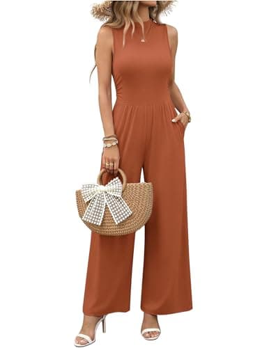 Ekouaer Summer Jumpsuits for Women Casual Mock Neck One Piece Outfits Sleeveless Formal Wide Leg Pants Romper with Pockets - Image 1
