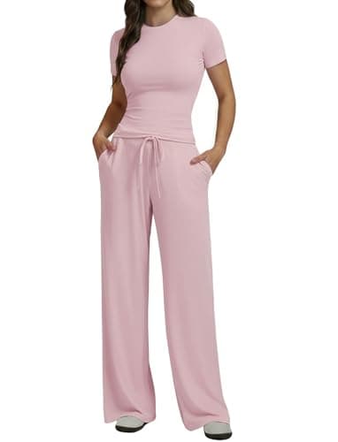 Flevita Womens 2 Pcs Sets Summer Travel Outfits T-shirts and 31" Wide Leg Pants Comfortable Airport Lounge Wear Set with Pockets Pink S - Thumbnail 2