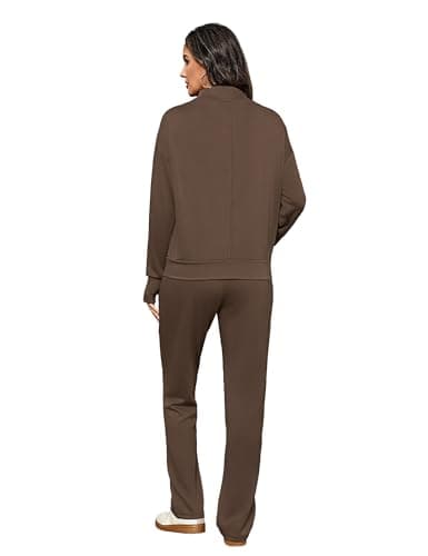 Totatuit Womens Lounge Sweatsuit Set Casual 2 Piece Winter Tracksuit Comfy Turtle Neck Pullover for Sports Wear Light Brown M - Thumbnail 4