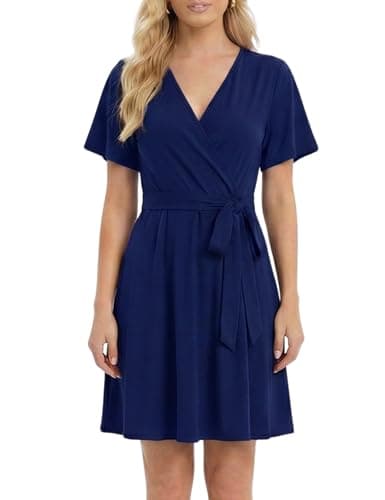 Aphratti Women's Spring Summer Faux Wrap Dress V Neck Short Sleeve High Waist Fit and Flare Casual Swing A Line Sundress Royal Blue X-Large - Image 1