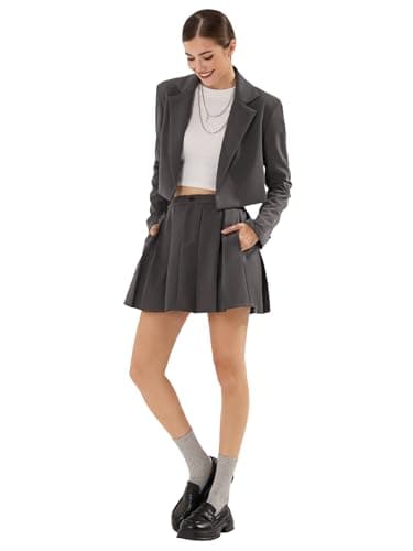EXLURA Women's Long Sleeve Blazer Suit Sets with Pleated Mini Skirt Fall 2 Piece Outfits Trendy Y2K Fashion Clothes Dark Grey - Thumbnail 5