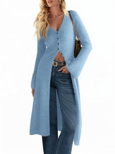 Saodimallsu Womens Long Cardigan Sweaters Oversized Bell Sleeve Open Front Button Down Casual Knit Fall Midi Dress Blue - Image 1