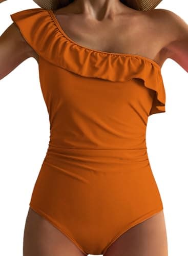 Dokotoo Ladies Cold Shoulder One-Piece Swimsuit One Shoulder 2026 Asymmetric Ruched Ruffle Sleeve Cute Monokinis Tummy Control Plus Size Swimwear,Yellow Brown Large - Image 1