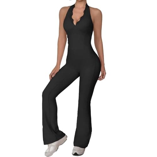 KAIFUYING Women Workout Scrunch Flare Jumpsuits Lace Deep V Hanging Neck Halter Backless Butt Lift Gym Yoga Jumpsuits Sexy Jumpsuits Workout Jumpsuits for women black-L - Image 1