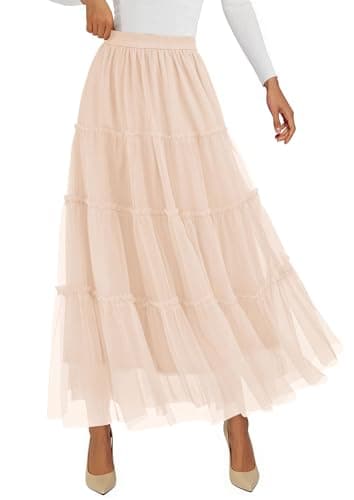 PRETTYGARDEN Tulle Skirts for Women 2026 Spring Fashion Elastic High Waisted Tiered Flowy Fairy A-Line Casual Maxi Long Skirt (Beige,XX-Large) - Image 1