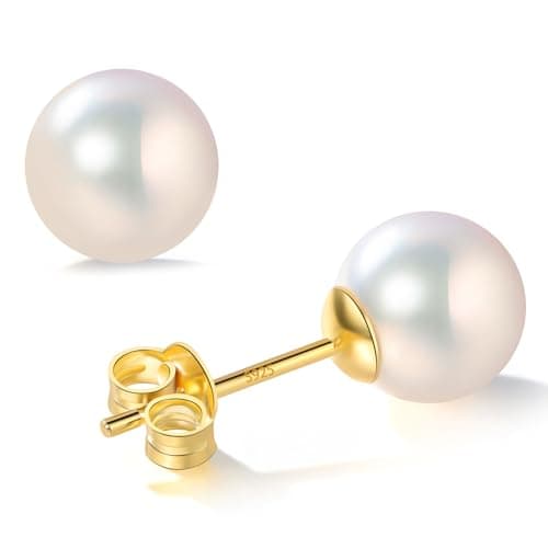 BAMIKI Akoya Cultured Pearl Stud Earrings for Women, Hypoallergenic 925 Sterling Silver 14K Gold Plated Classic Pearl Earrings, 8-8.5mm Round Pearls, Birthday Christmas for Mother Wife - Image 1