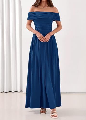 KIRUNDO Cocktail Dresses for Women 2026 Summer Off The Shoulder Ruched Pleated Long Flowy Formal Party Maxi Dresses Pockets(Navy, Large) - Thumbnail 3