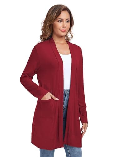TownCat Womens Lightweight Cardigan with Pocket, Long Sleeve Open Front Casual Loose Cardigan for Women (WineRed1, X-Large) - Thumbnail 3