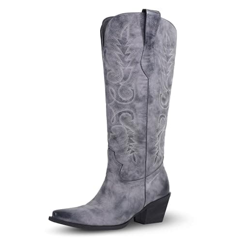 LeunDen Purple Wide Claf Cowboy Boots for Women, Knee High Cowgirl Boots with Pointed Toe Chunky Heel Embroidery Western Boots Tall Long Boots Size 9 - Image 1