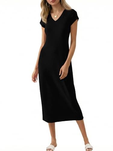 Wenrine Womens Short Sleeve T-Shirt Dress Summer V Neck Basic Solid Casual Long Midi Dresses Black - Image 1