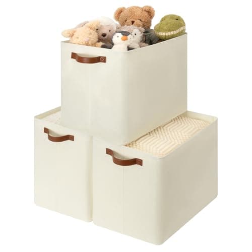 GRANNY SAYS Large Storage Baskets, Closet Storage Bins, Linen Closet organizers and storage, Fabric Storage Bins with Metal Frame, Clothes Baskets for Shelves, Towels, Beige, 3-Pack - Image 1