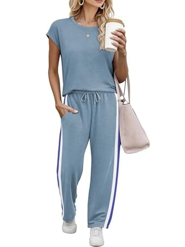 Casly Lamiit Lounge Sets for Women Summer Beach Casual Travel Outfits Short Sleeve Top Wide Leg Pants Set Resort Wear with Pockets 2026 Blue Grey XL - Image 1