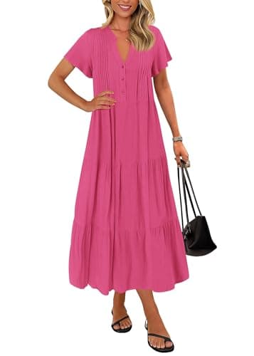 KIRUNDO Summer Maxi Dresses for Women 2026 Spring Fashion Short Sleeve Button V Neck Pleated Loose Tiered Swing Flowy Dress(Rose Red, Small) - Image 1