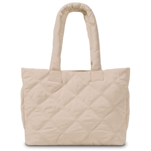 soewten Puffer Tote Bag for Women, Quilted Bag with Zipper, Small Tote HandBags for Work, Travel, Greyish Brown - Image 1