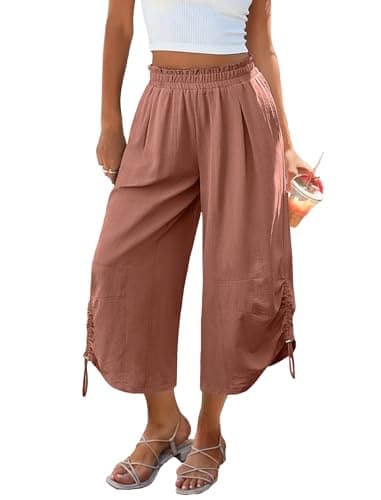 LOOKBOHO Women's Capri Pants Wide Leg 2-in-1 Cropped/Ankle Length, High Waist Lightweight Palazzo Capris for Summer Slacks Dusty Rose Medium - Image 1