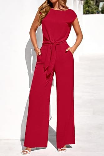 PRETTYGARDEN Women 2 Piece Lounge Sets 2026 Casual Summer Outfits Cap Sleeve Strappy Crop Tops Wide Leg Pant Tracksuit(Red,Large) - Thumbnail 3