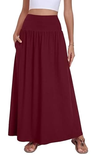 QUEZHU Women's Maxi Long Skirts 2026 Casual A-line Elastic High Waist Flowy Skirt with Pockets,Wine Red,2X-Large - Image 1
