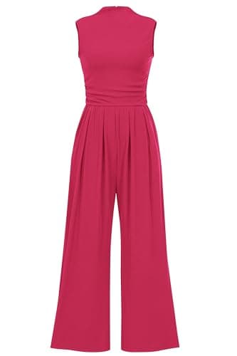 PRETTYGARDEN Womens Summer Jumpsuits Dressy Casual One Piece Outfits Sleeveless Mock Neck Wide Leg Pants Rompers with Pockets (Rose Red,Small) - Image 1